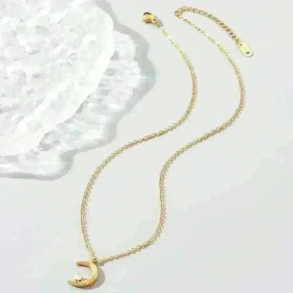 18K Gold-Filled Crescent Moon Necklace with Crystal - Picture 3 of 4